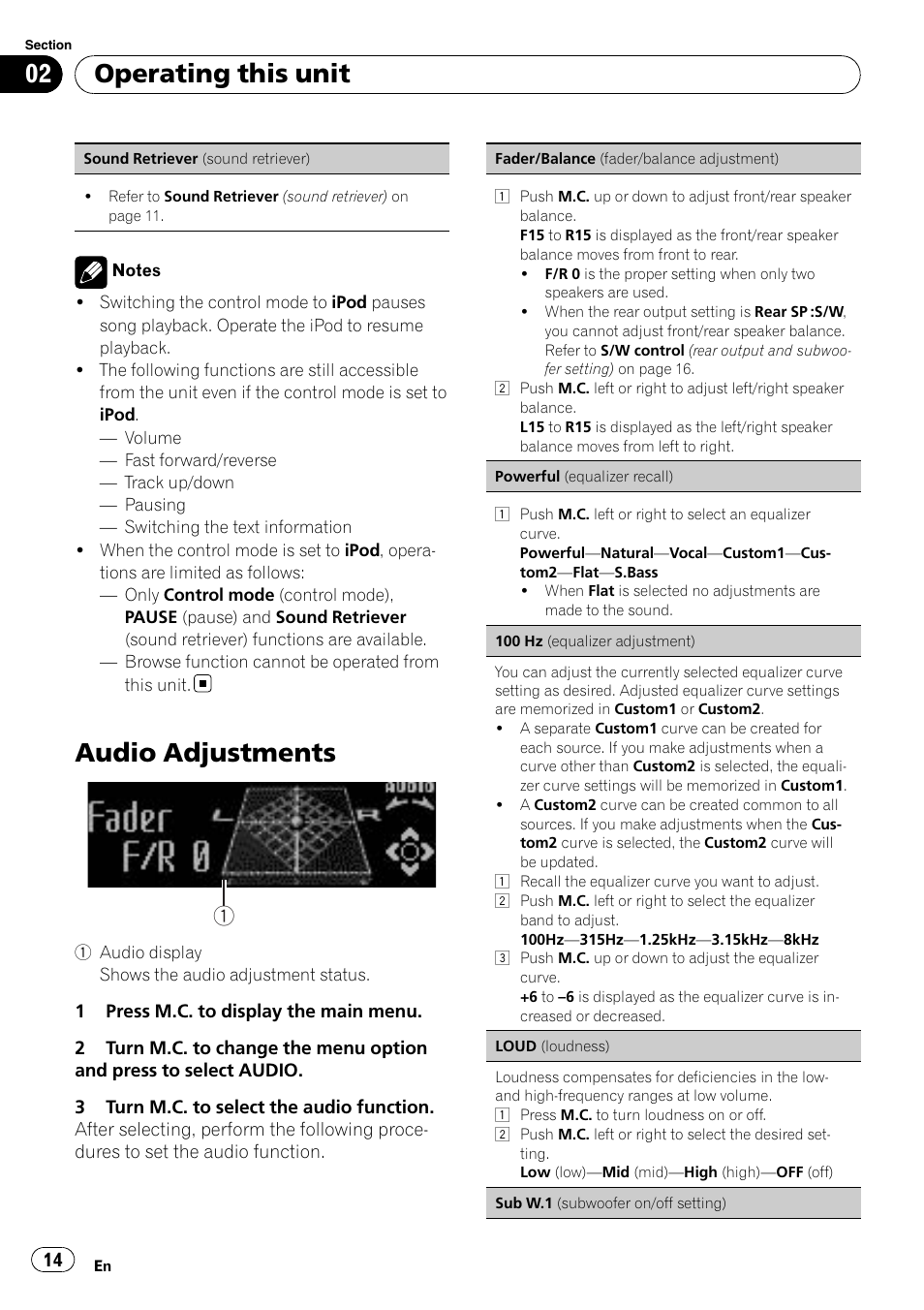 Audio adjustments, Operating this unit | Pioneer DEH-5200SD User Manual | Page 14 / 27