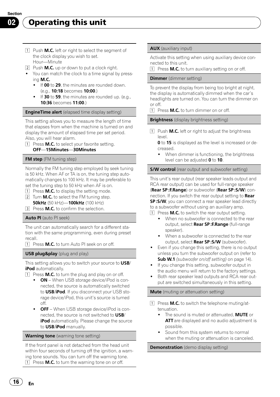 S/w control (rear output and subwoo, Operating this unit | Pioneer DEH-5200SD User Manual | Page 16 / 27