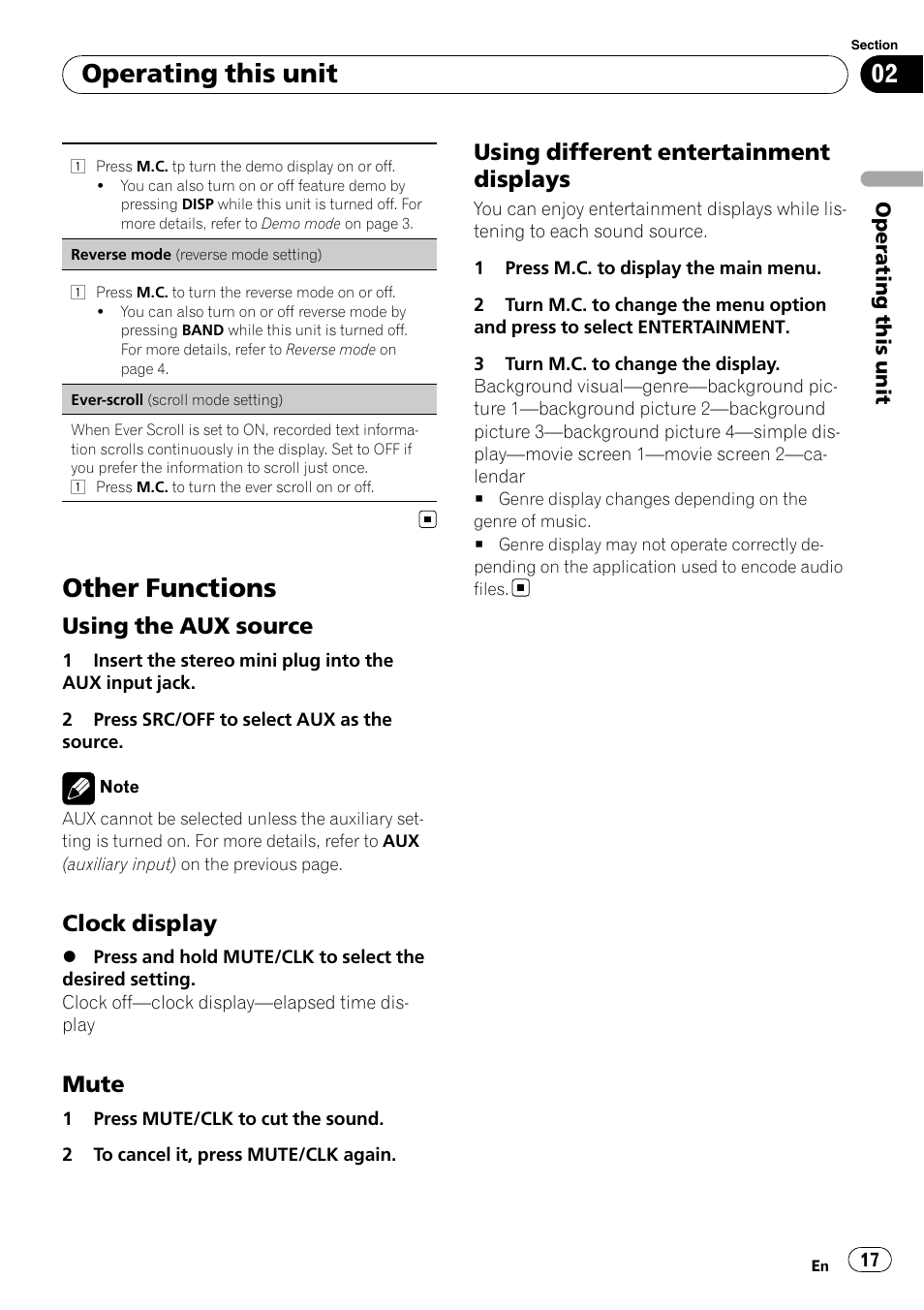 Other functions, Using the aux source 17, Clock display 17 | Mute 17, Using different entertainment, Displays, Operating this unit, Using the aux source, Clock display, Mute | Pioneer DEH-5200SD User Manual | Page 17 / 27