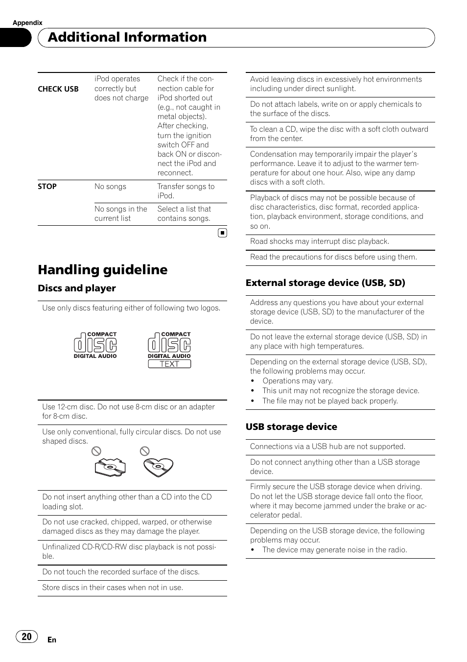 Handling guideline, Additional information | Pioneer DEH-5200SD User Manual | Page 20 / 27