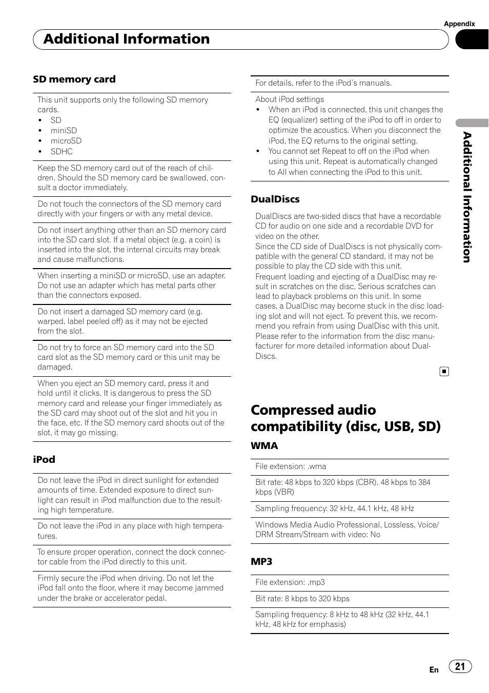 Compressed audio compatibility (disc, usb, Compressed audio compatibility (disc, usb, sd), Additional information | Pioneer DEH-5200SD User Manual | Page 21 / 27