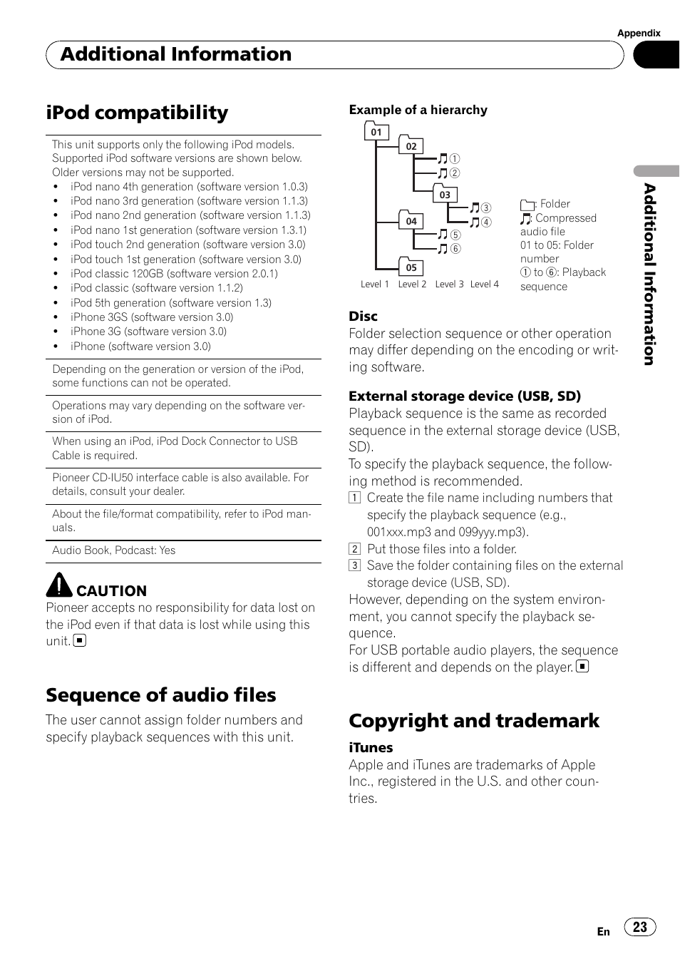 Ipod compatibility, Sequence of audio files, Copyright and trademark | Additional information | Pioneer DEH-5200SD User Manual | Page 23 / 27