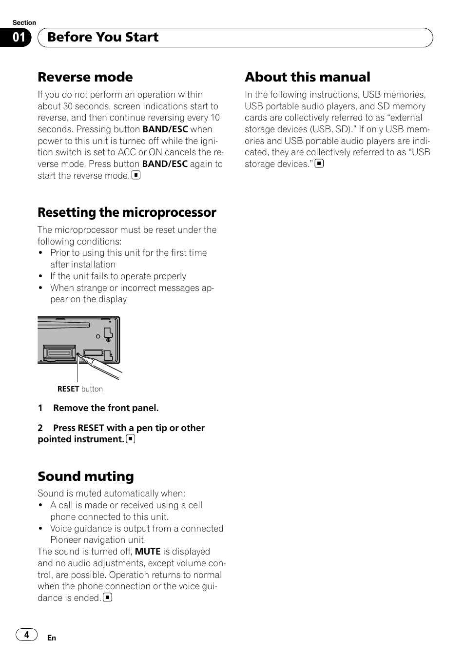 Reverse mode, Resetting the microprocessor, Sound muting | About this manual, Before you start | Pioneer DEH-5200SD User Manual | Page 4 / 27