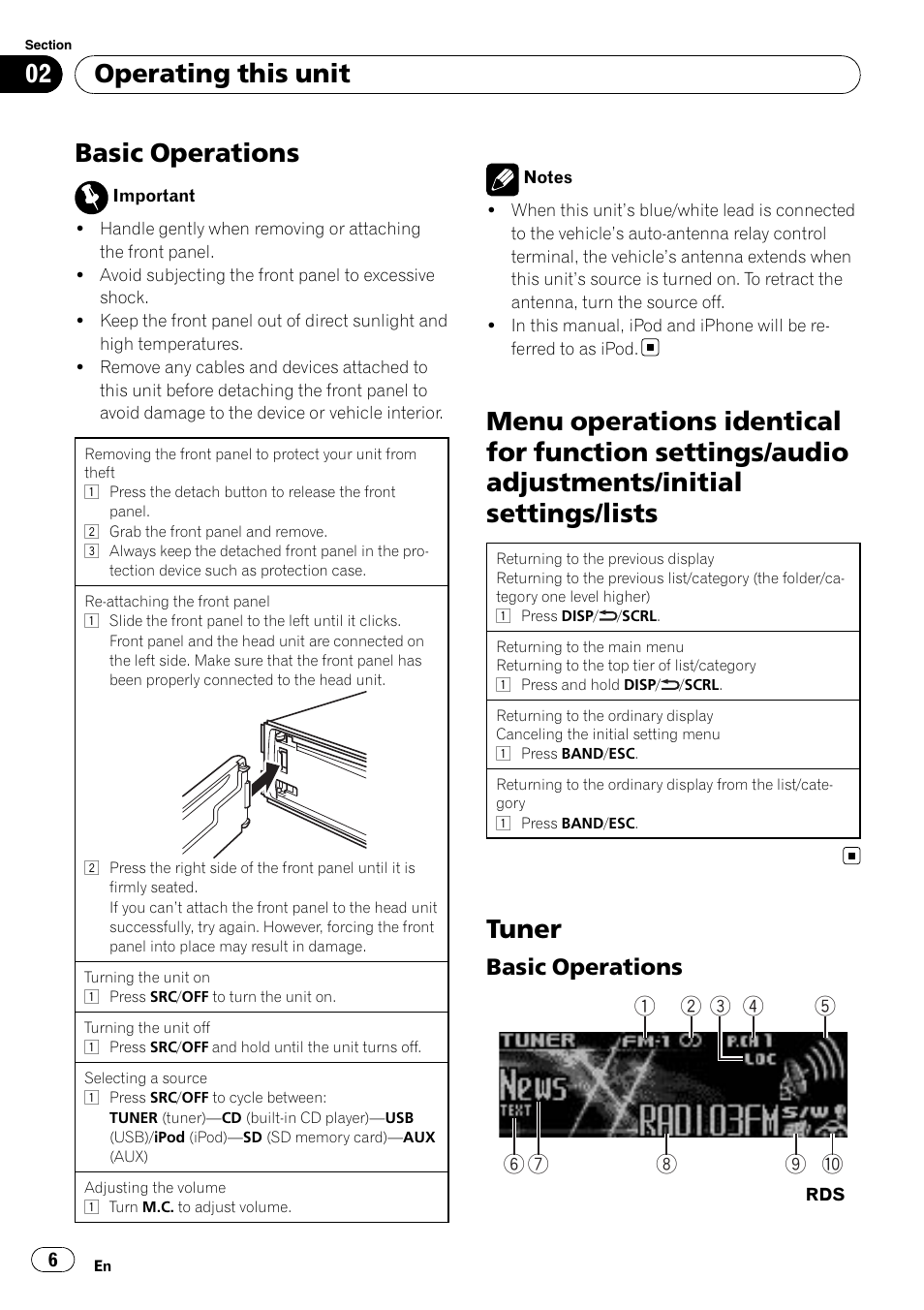 Basic operations, Menu operations identical for function, Settings/audio adjustments/initial settings/ lists | Tuner, Basic operations 6, Operating this unit | Pioneer DEH-5200SD User Manual | Page 6 / 27