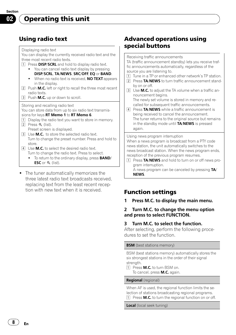 Using radio text 8, Advanced operations using special, Buttons | Function settings 8, Operating this unit, Using radio text, Advanced operations using special buttons, Function settings | Pioneer DEH-5200SD User Manual | Page 8 / 27