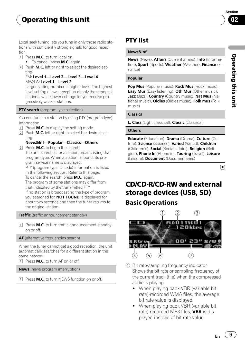 Pty list 9, Cd/cd-r/cd-rw and external storage, Devices (usb, sd) | Basic operations 9, Operating this unit, Pty list, Basic operations | Pioneer DEH-5200SD User Manual | Page 9 / 27