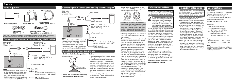 English, Important safeguards, Specifications | Information to user, Installing the power supply box | Pioneer CD-AH200C User Manual | Page 2 / 8