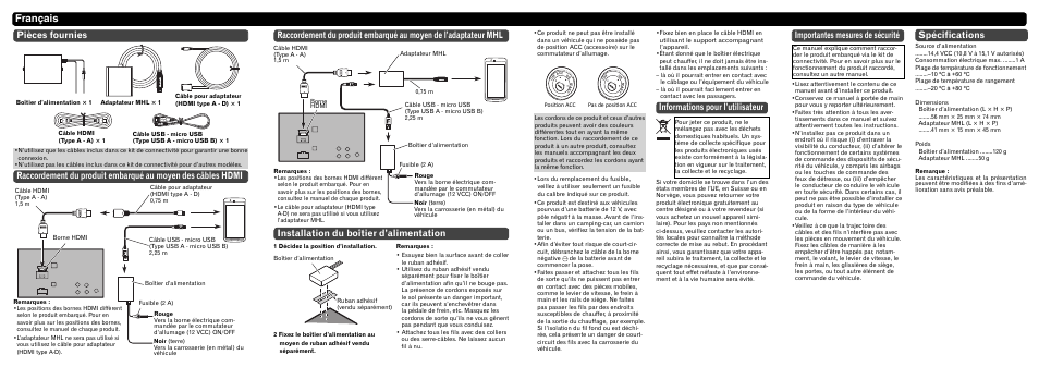 Français, Informations pour l’utilisateur, Installation du boîtier d’alimentation | Importantes mesures de sécurité, Spécifications | Pioneer CD-AH200C User Manual | Page 3 / 8