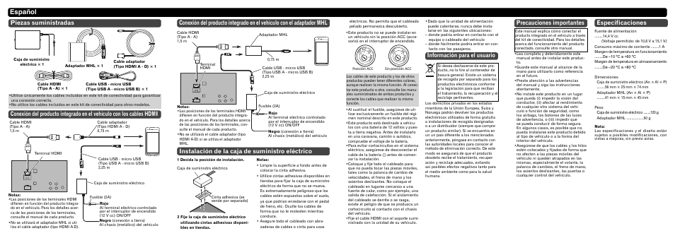 Español, Información para el usuario, Instalación de la caja de suministro eléctrico | Precauciones importantes, Especificaciones | Pioneer CD-AH200C User Manual | Page 5 / 8