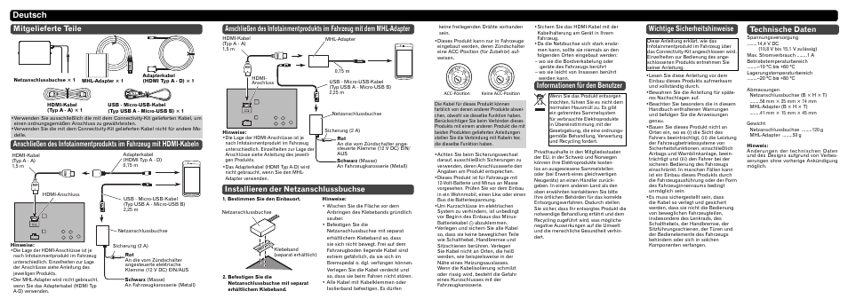 Deutsch, Informationen für den benutzer, Installieren der netzanschlussbuchse | Wichtige sicherheitshinweise, Technische daten | Pioneer CD-AH200C User Manual | Page 6 / 8