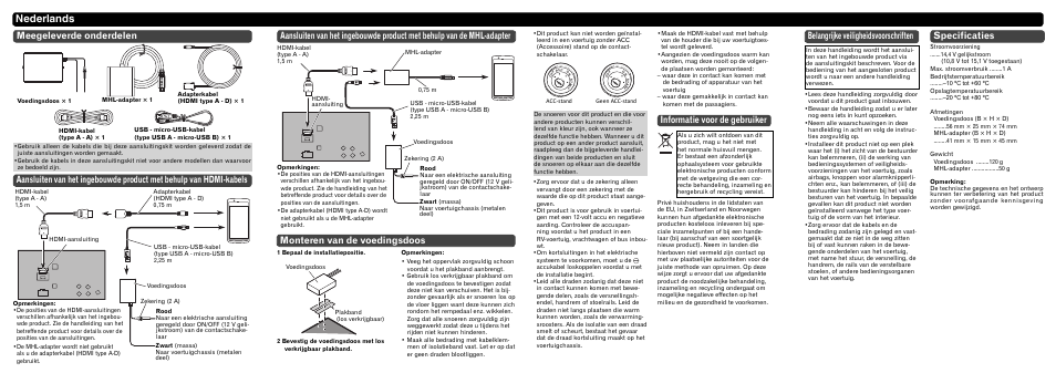 Nederlands, Informatie voor de gebruiker, Monteren van de voedingsdoos | Belangrijke veiligheidsvoorschriften, Specificaties | Pioneer CD-AH200C User Manual | Page 7 / 8