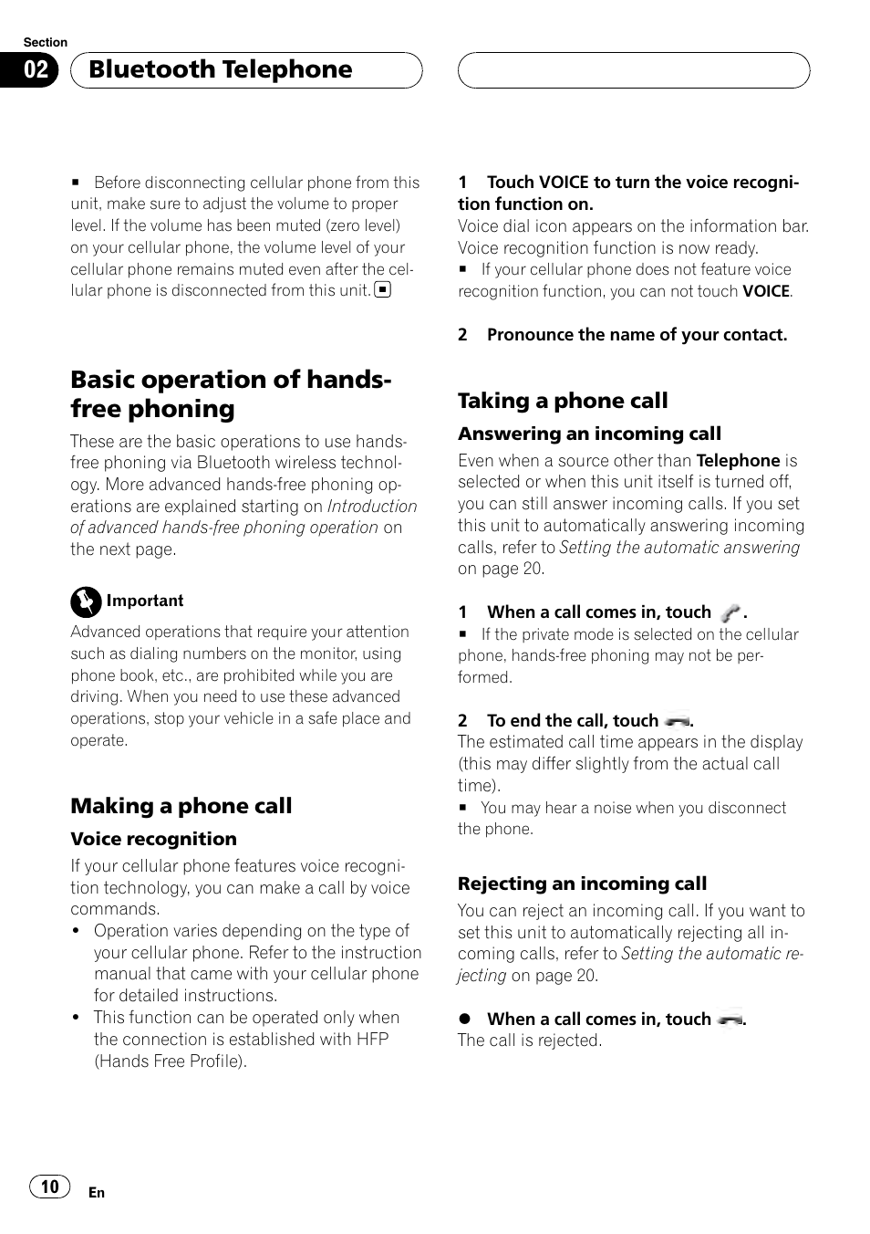 Basic operation of hands-free phoning, Making a phone call 10, Taking a phone call 10 | Basic operation of hands- free phoning, Bluetooth telephone, Making a phone call, Taking a phone call | Pioneer CD-BTB100 User Manual | Page 10 / 175