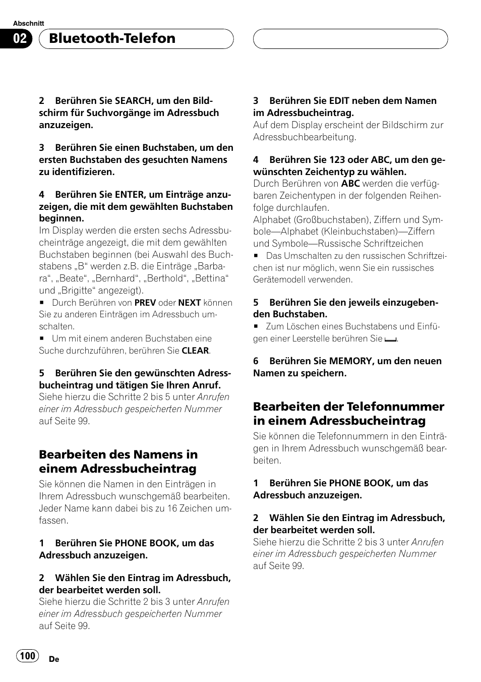 Bearbeiten des namens in einem, Adressbucheintrag, Bearbeiten der telefonnummer in | Einem adressbucheintrag, Bluetooth-telefon, Bearbeiten des namens in einem adressbucheintrag | Pioneer CD-BTB100 User Manual | Page 100 / 175