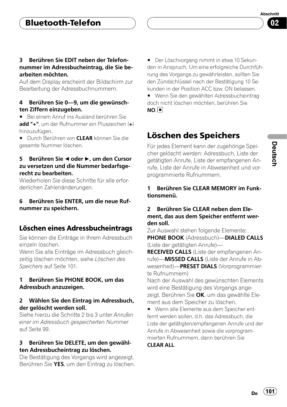 Löschen eines, Adressbucheintrags, Löschen des speichers | Bluetooth-telefon, Löschen eines adressbucheintrags | Pioneer CD-BTB100 User Manual | Page 101 / 175