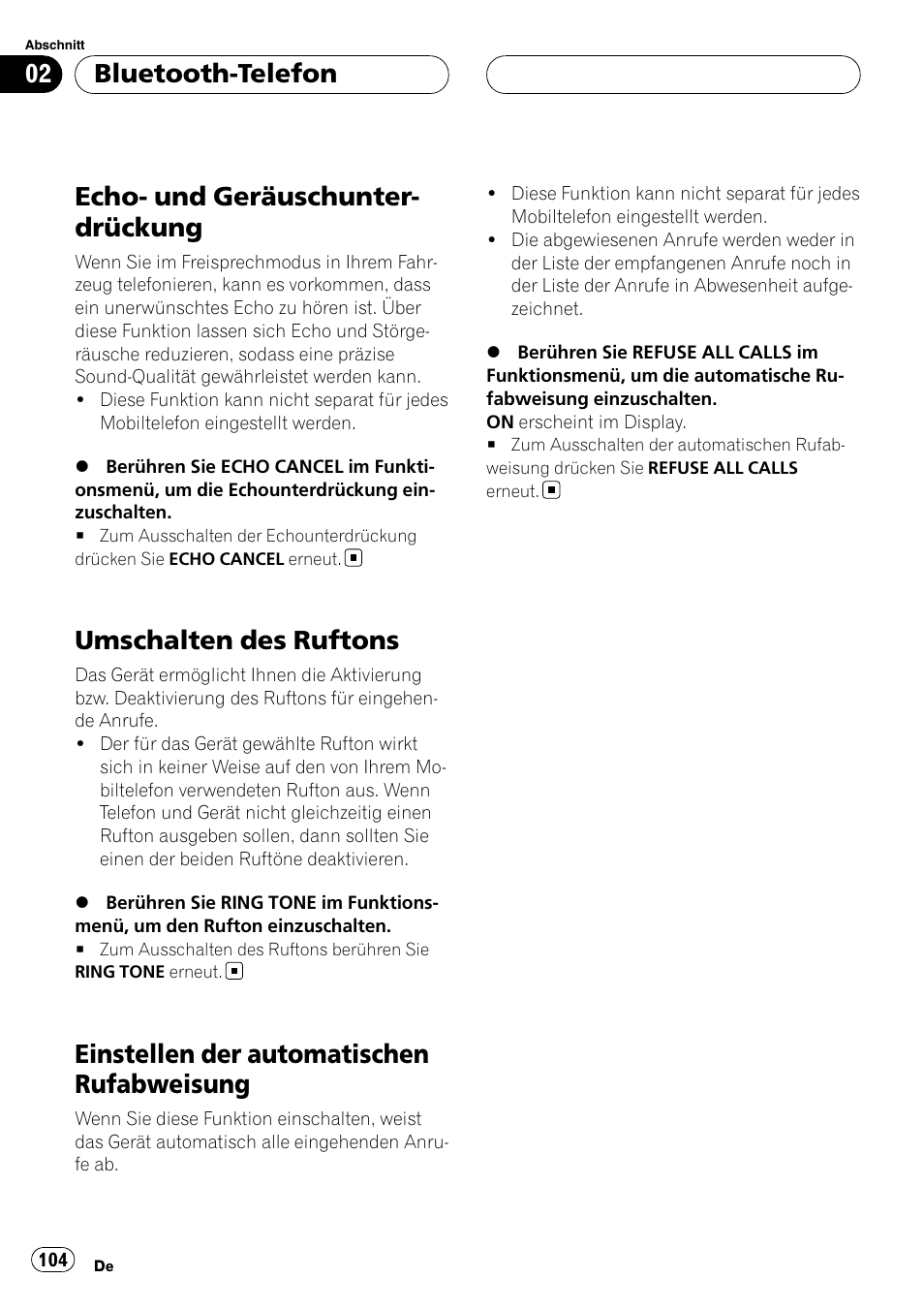 Echo- und geräuschunterdrückung, Umschalten des ruftons, Einstellen der automatischen | Rufabweisung, Echo- und geräuschunter- drückung, Einstellen der automatischen rufabweisung, Bluetooth-telefon | Pioneer CD-BTB100 User Manual | Page 104 / 175
