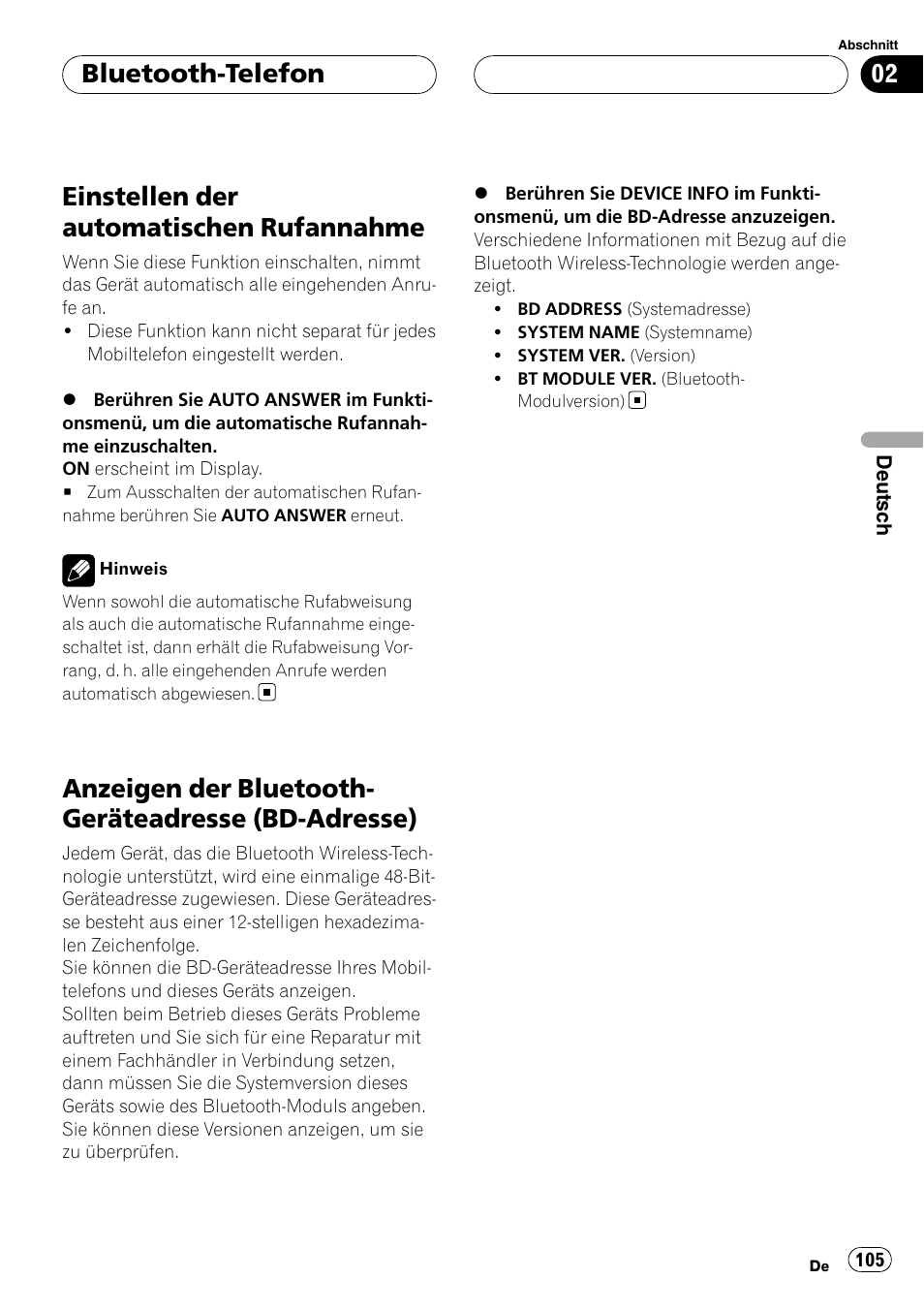 Einstellen der automatischen, Rufannahme, Anzeigen der bluetooth-geräteadresse (bd | Adresse), Einstellen der automatischen rufannahme, Anzeigen der bluetooth- geräteadresse (bd-adresse), Bluetooth-telefon | Pioneer CD-BTB100 User Manual | Page 105 / 175