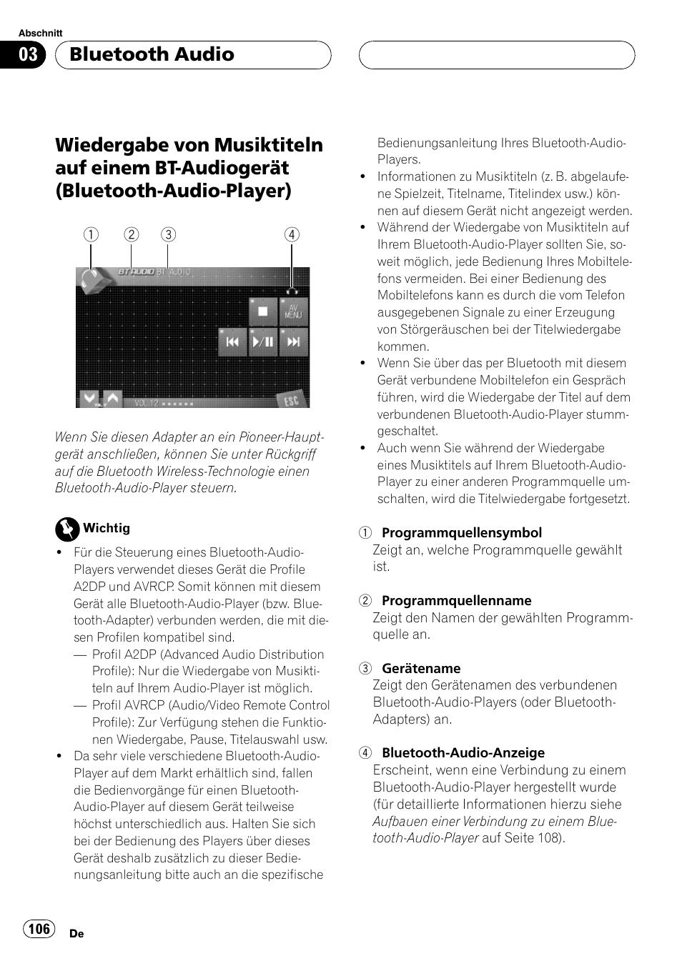 Audiogerät (bluetooth-audio-player), Bluetooth audio | Pioneer CD-BTB100 User Manual | Page 106 / 175
