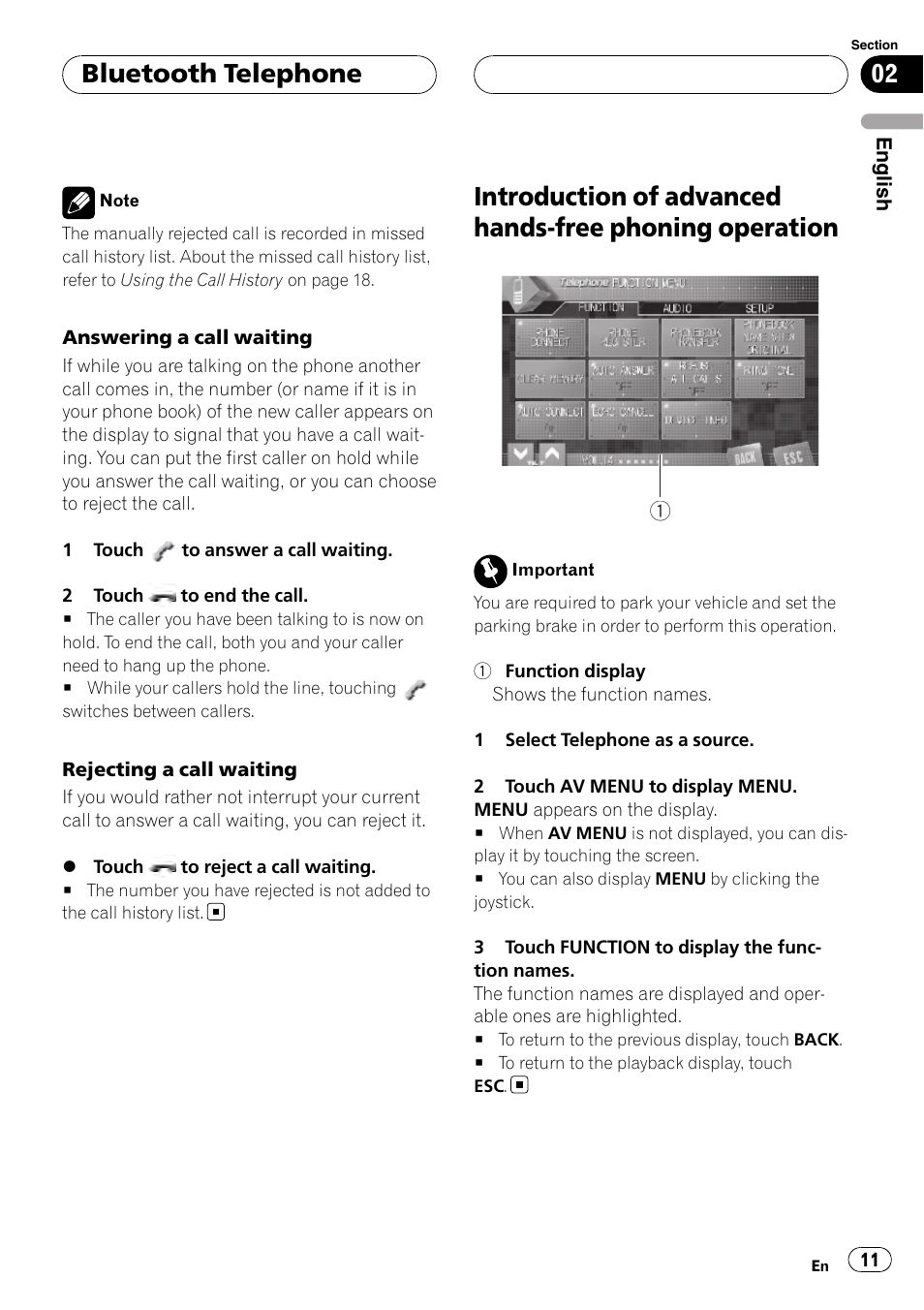 Introduction of advanced hands-free phoning, Operation, Bluetooth telephone | Pioneer CD-BTB100 User Manual | Page 11 / 175