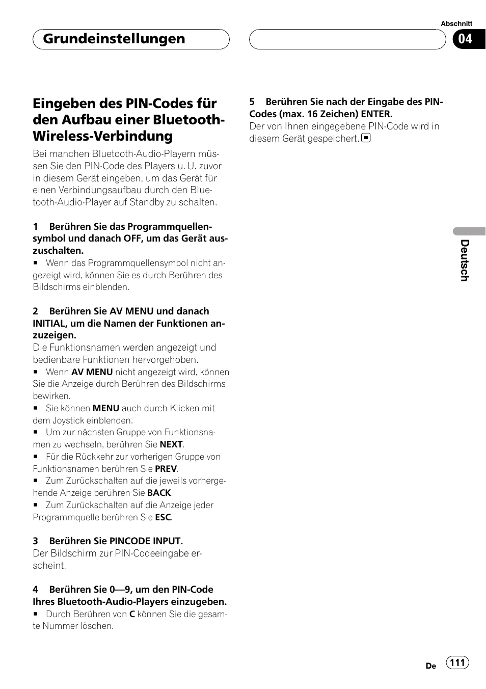 Einer bluetooth-wireless-verbindung, Grundeinstellungen | Pioneer CD-BTB100 User Manual | Page 111 / 175