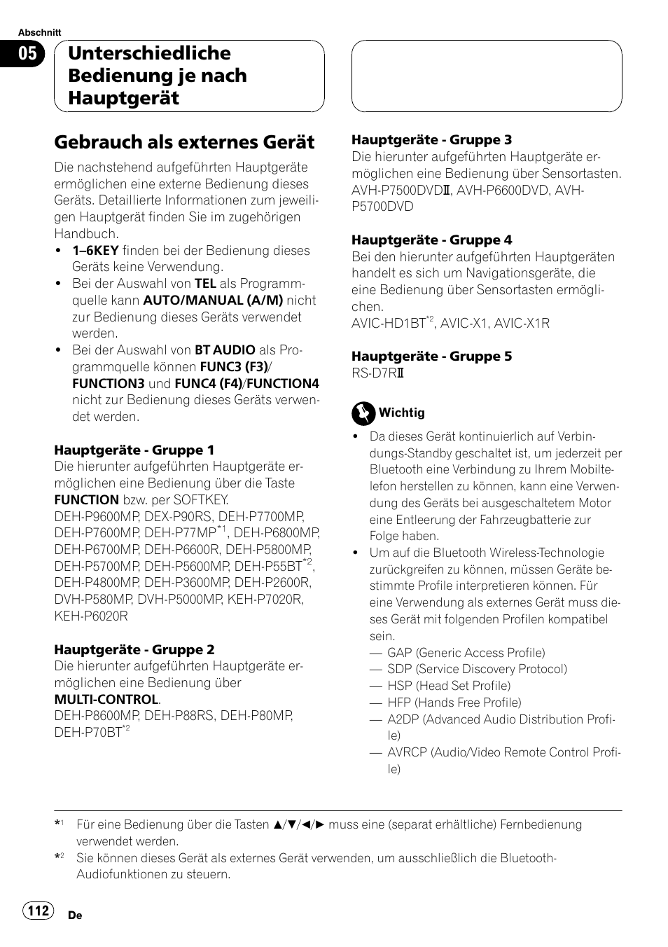 Gebrauch als externes gerät, Unterschiedliche bedienung je nach hauptgerät | Pioneer CD-BTB100 User Manual | Page 112 / 175