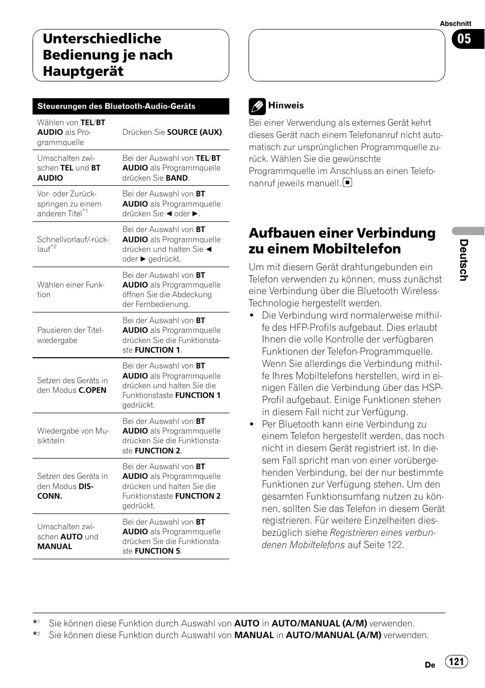 Aufbauen einer verbindung zu einem, Mobiltelefon, Aufbauen einer verbindung zu einem mobiltelefon | Unterschiedliche bedienung je nach hauptgerät, Deutsch | Pioneer CD-BTB100 User Manual | Page 121 / 175