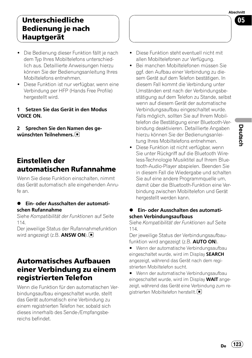 Einstellen der automatischen, Rufannahme, Automatisches aufbauen einer verbindung | Zu einem registrierten telefon, Einstellen der automatischen rufannahme, Unterschiedliche bedienung je nach hauptgerät | Pioneer CD-BTB100 User Manual | Page 123 / 175