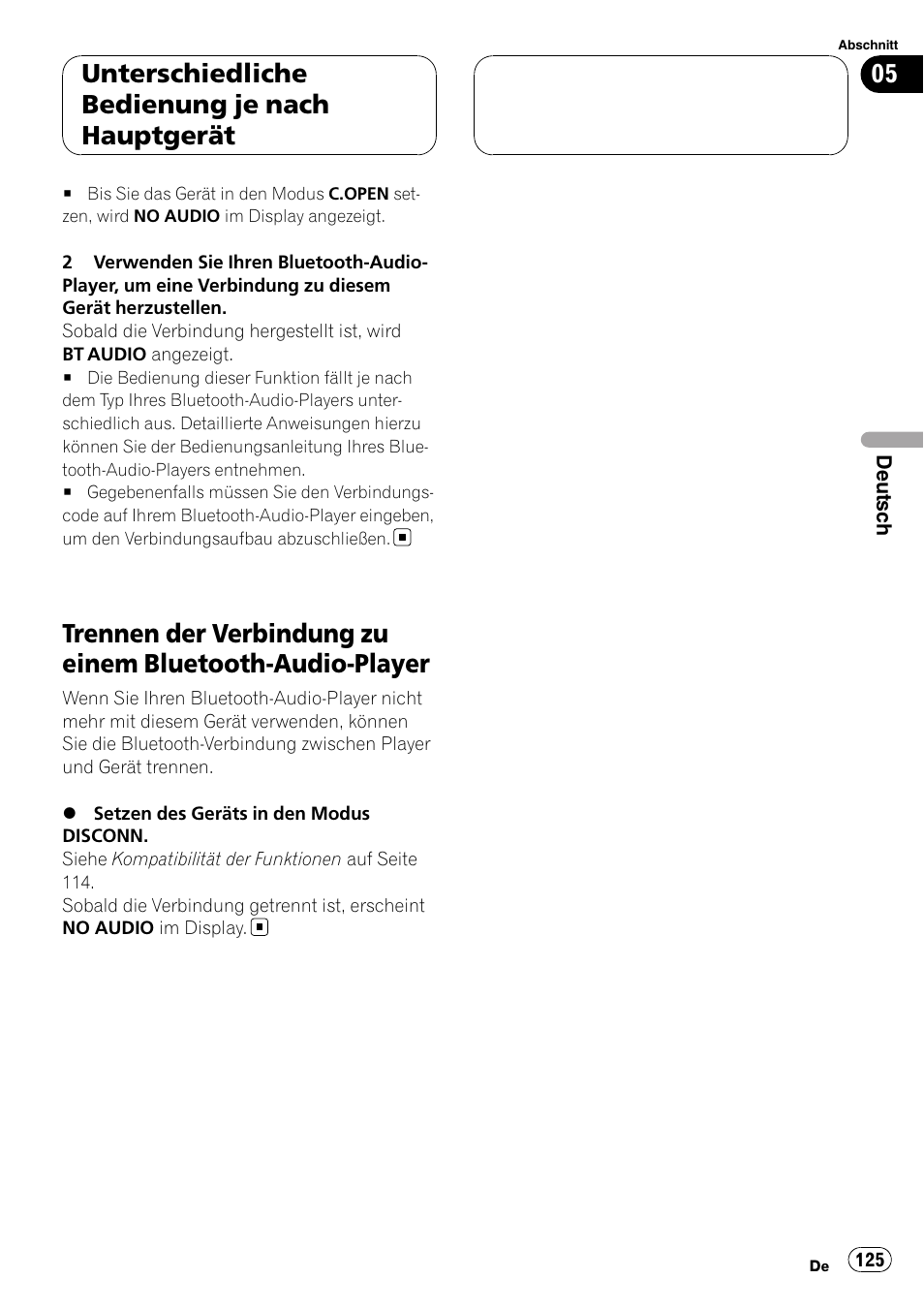 Trennen der verbindung zu einem bluetooth, Audio-player, Unterschiedliche bedienung je nach hauptgerät | Pioneer CD-BTB100 User Manual | Page 125 / 175
