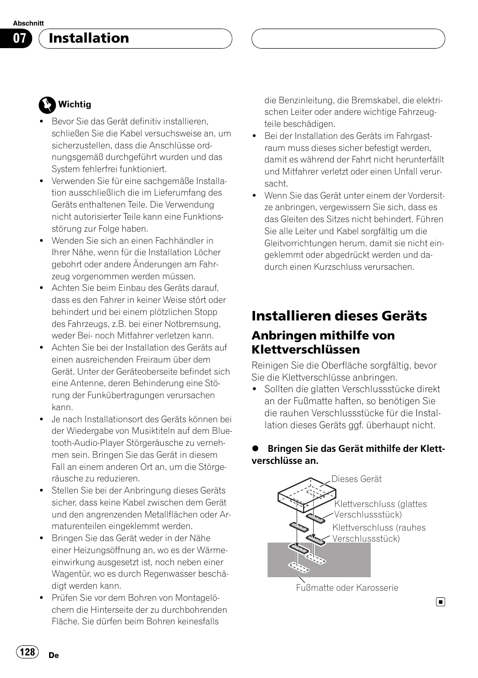 Installation installieren dieses geräts, Anbringen mithilfe von, Klettverschlüssen | Installieren dieses geräts, Installation, Anbringen mithilfe von klettverschlüssen | Pioneer CD-BTB100 User Manual | Page 128 / 175