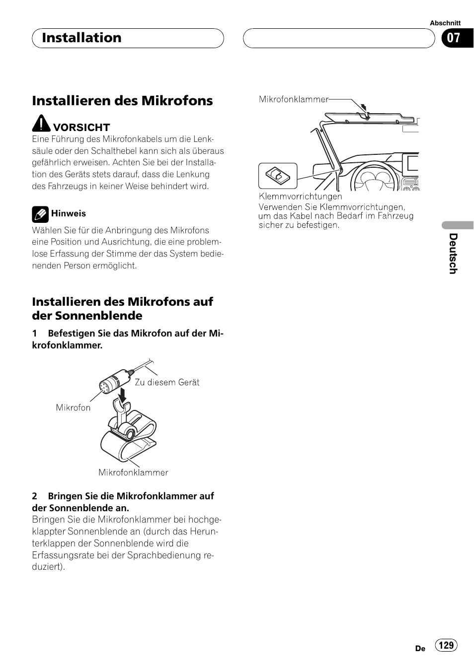 Installieren des mikrofons, Installieren des mikrofons auf der, Sonnenblende | Installation | Pioneer CD-BTB100 User Manual | Page 129 / 175