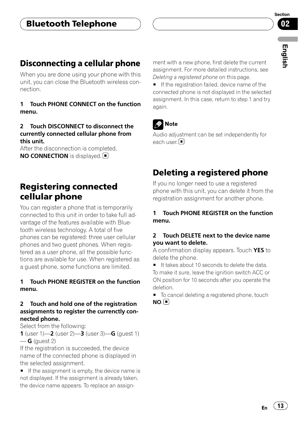 Disconnecting a cellular phone, Registering connected cellular phone, Deleting a registered phone | Bluetooth telephone | Pioneer CD-BTB100 User Manual | Page 13 / 175