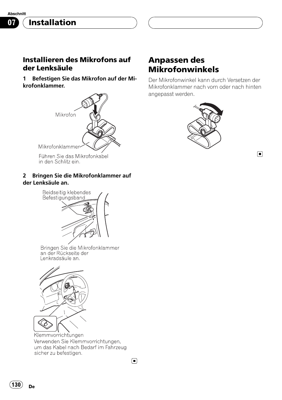 Installieren des mikrofons auf der, Lenksäule, Anpassen des mikrofonwinkels | Installation | Pioneer CD-BTB100 User Manual | Page 130 / 175