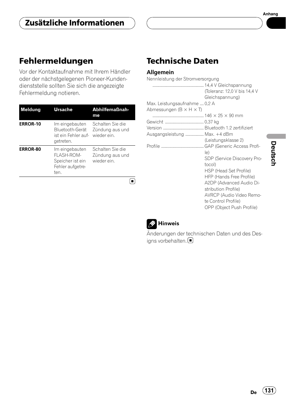 Zusätzliche informationen fehlermeldungen, Technische daten, Fehlermeldungen | Zusätzliche informationen, Deutsch | Pioneer CD-BTB100 User Manual | Page 131 / 175