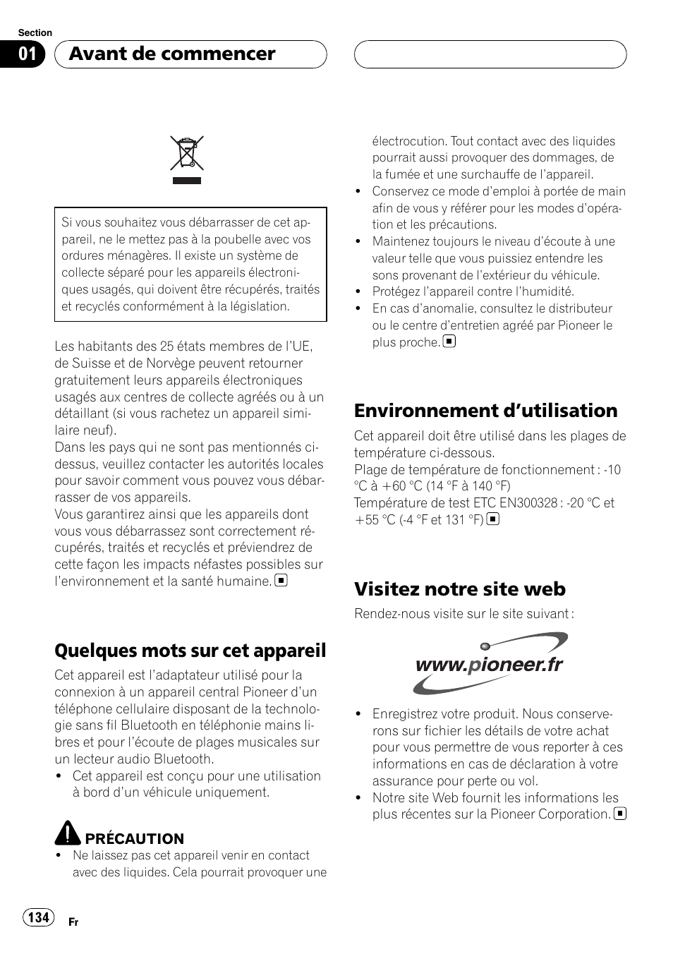 Avant de commencer, Quelques mots sur cet appareil, Environnement d | Utilisation 134, Visitez notre site web, Environnement d ’utilisation | Pioneer CD-BTB100 User Manual | Page 134 / 175