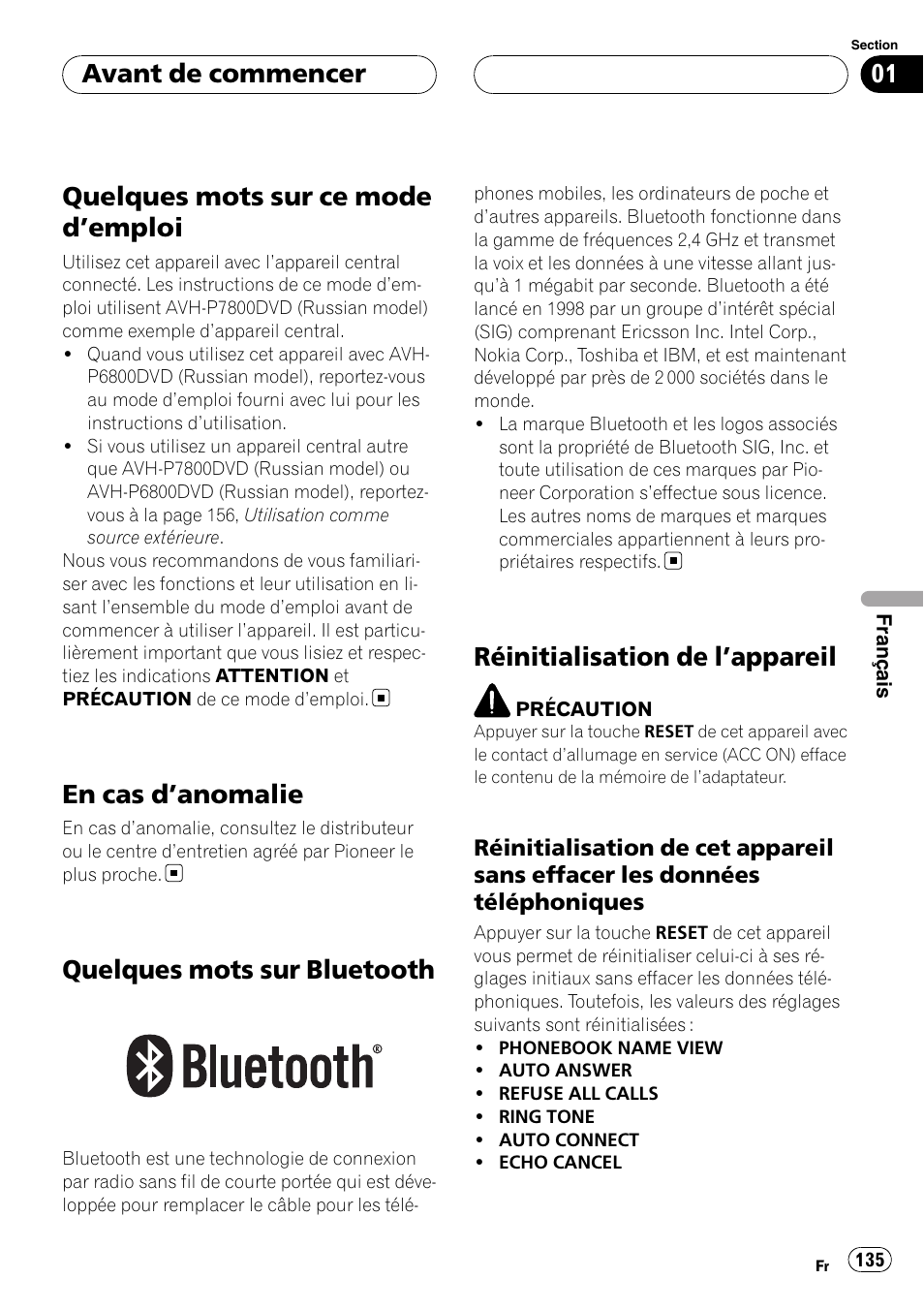Quelques mots sur ce mode d, Emploi 135, En cas d | Anomalie 135, Quelques mots sur bluetooth, Réinitialisation de l, Appareil 135, Réinitialisation de cet appareil sans, Effacer les données téléphoniques, Quelques mots sur ce mode d ’emploi | Pioneer CD-BTB100 User Manual | Page 135 / 175