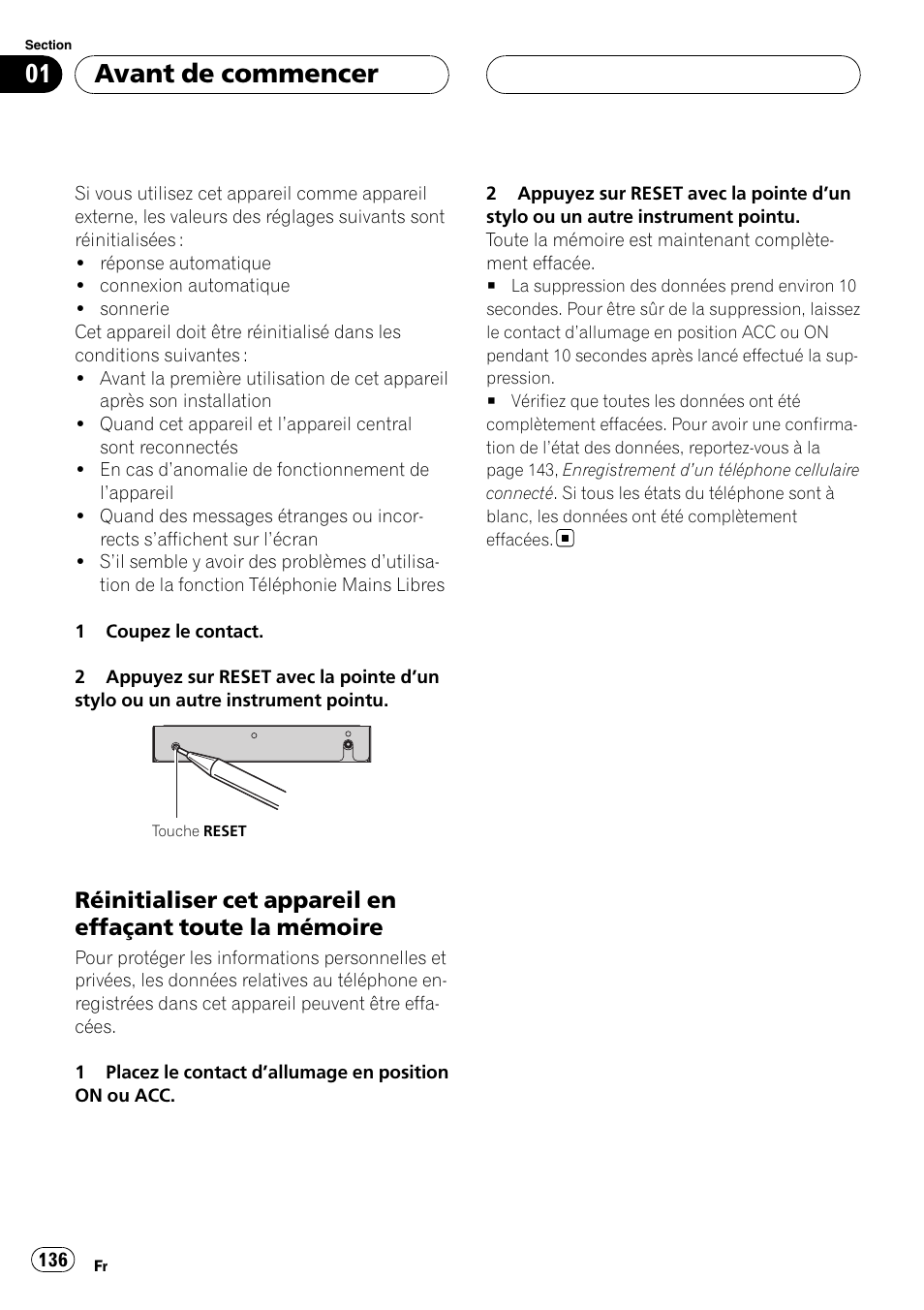 Réinitialiser cet appareil en effaçant, Toute la mémoire, Avant de commencer | Pioneer CD-BTB100 User Manual | Page 136 / 175