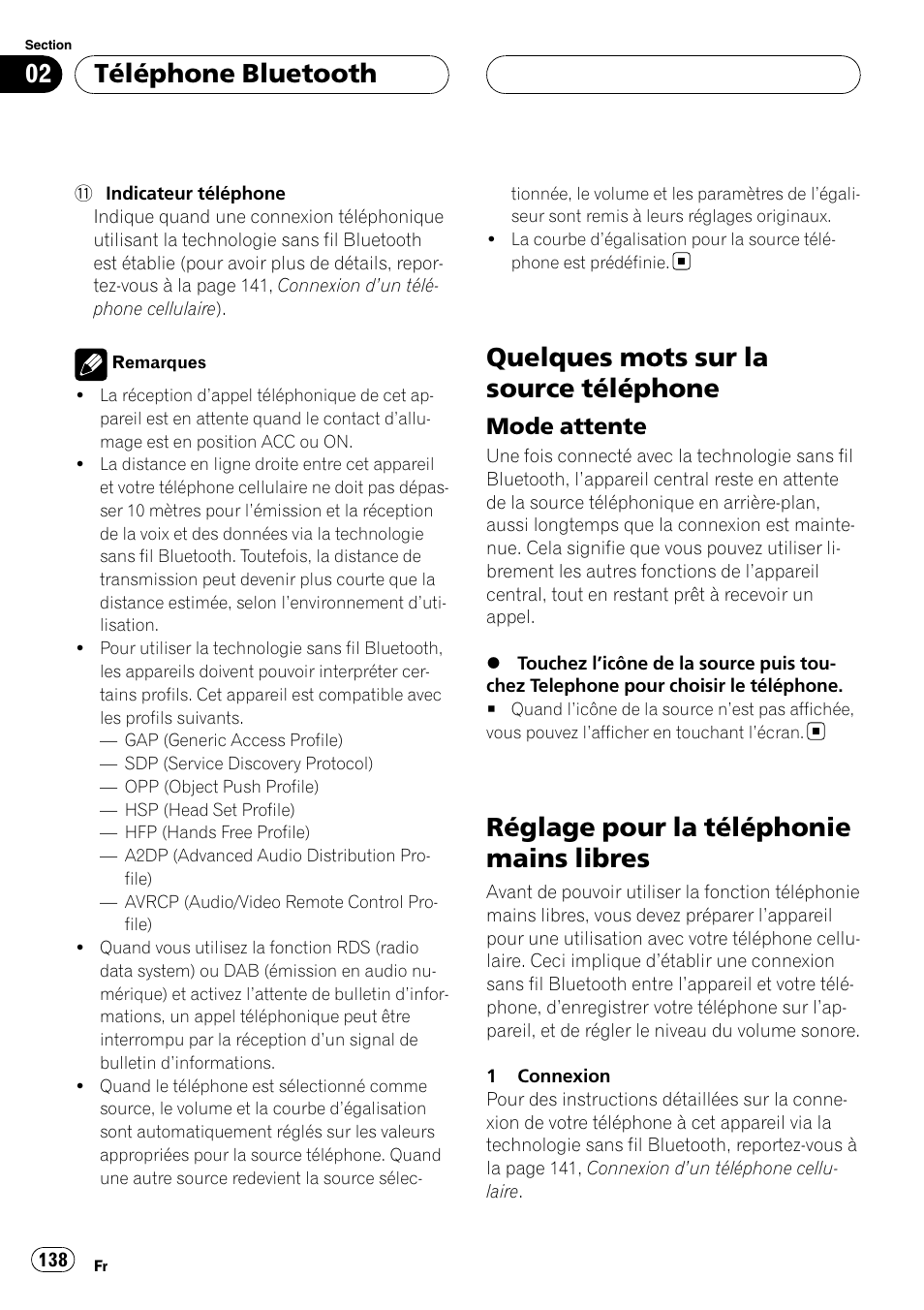 Quelques mots sur la source téléphone, Mode attente 138, Réglage pour la téléphonie mains | Libres, Réglage pour la téléphonie mains libres, Téléphone bluetooth, Mode attente | Pioneer CD-BTB100 User Manual | Page 138 / 175