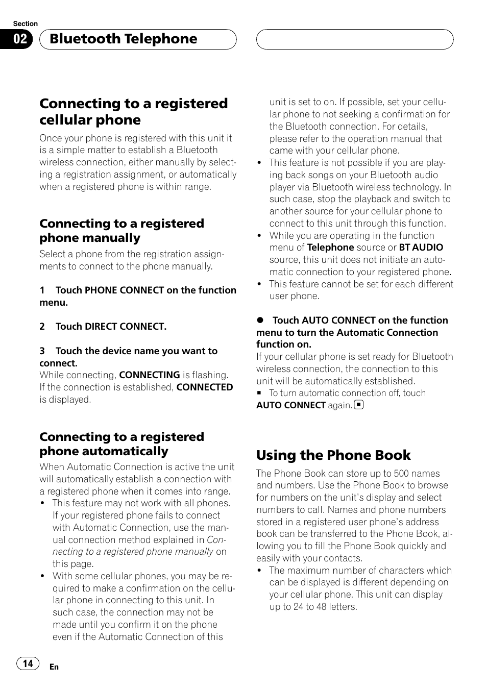 Connecting to a registered cellular, Phone, Connecting to a registered phone | Manually, Automatically, Using the phone book, Connecting to a registered cellular phone, Bluetooth telephone | Pioneer CD-BTB100 User Manual | Page 14 / 175