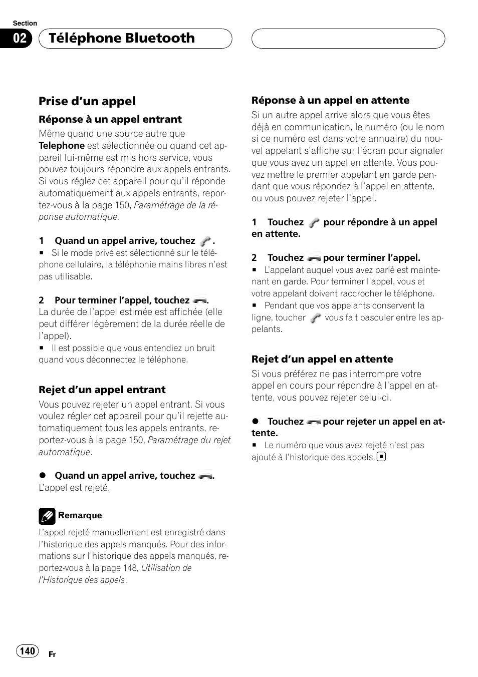 Prise d’un appel 140, Téléphone bluetooth, Prise d ’un appel | Pioneer CD-BTB100 User Manual | Page 140 / 175