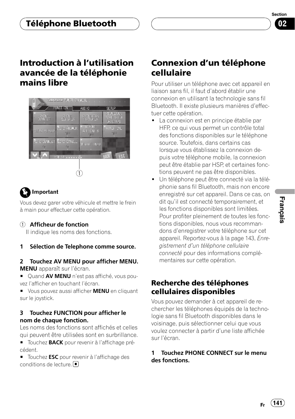 Introduction à l, Utilisation avancée de la, Téléphonie mains libre | Connexion d, Un téléphone cellulaire 141, Recherche des téléphones cellulaires, Disponibles, Un télé, Phone cellulaire, Un téléphone cellu | Pioneer CD-BTB100 User Manual | Page 141 / 175