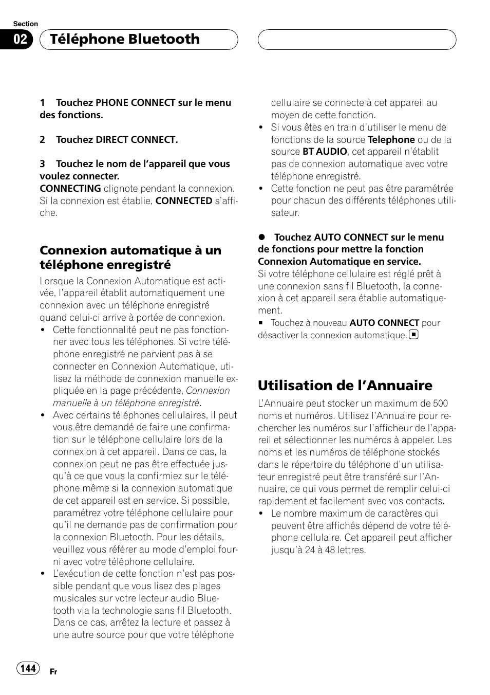 Connexion automatique à un téléphone, Enregistré, Utilisation de l | Annuaire 144, Utilisation de l ’annuaire, Téléphone bluetooth, Connexion automatique à un téléphone enregistré | Pioneer CD-BTB100 User Manual | Page 144 / 175