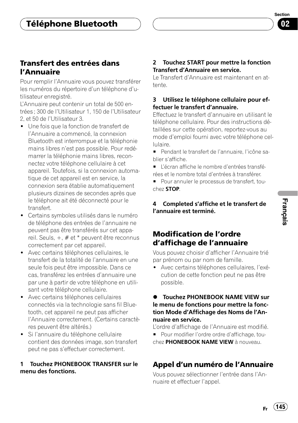 Transfert des entrées dans, Annuaire 145, Modification de l’ordre d’affichage de | Appel d’un numéro de l’annuaire 145, Téléphone bluetooth, Transfert des entrées dans l ’annuaire, Appel d ’un numéro de l’annuaire | Pioneer CD-BTB100 User Manual | Page 145 / 175