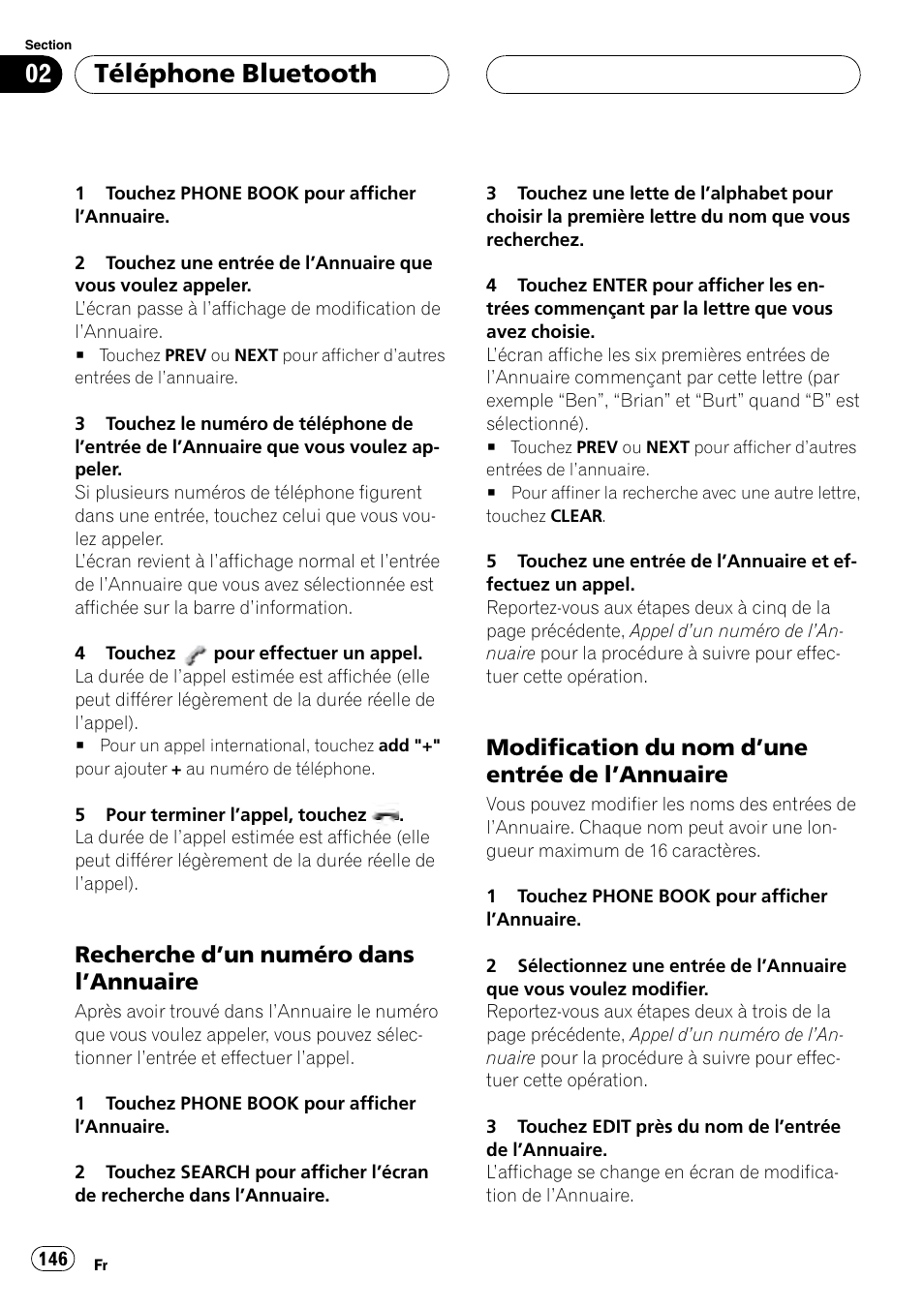 Recherche d’un numéro dans, Annuaire 146, Modification du nom d’une entrée de | Téléphone bluetooth, Recherche d ’un numéro dans l ’annuaire, Modification du nom d ’une entrée de l ’annuaire | Pioneer CD-BTB100 User Manual | Page 146 / 175