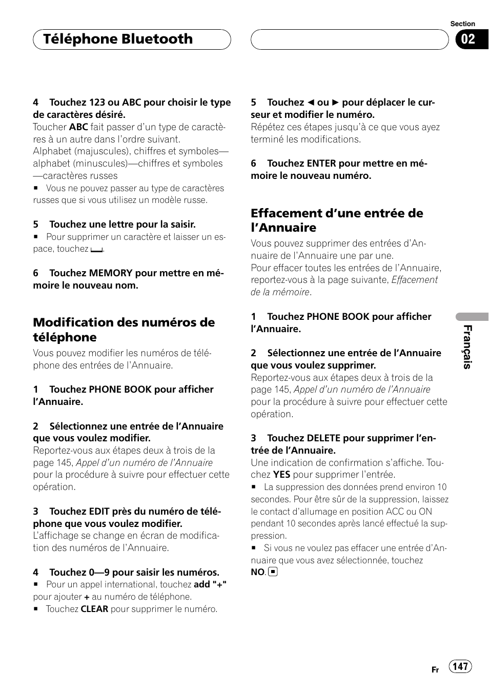 Modification des numéros de, Téléphone, Effacement d’une entrée de | Annuaire 147, Téléphone bluetooth, Modification des numéros de téléphone, Effacement d ’une entrée de l ’annuaire | Pioneer CD-BTB100 User Manual | Page 147 / 175