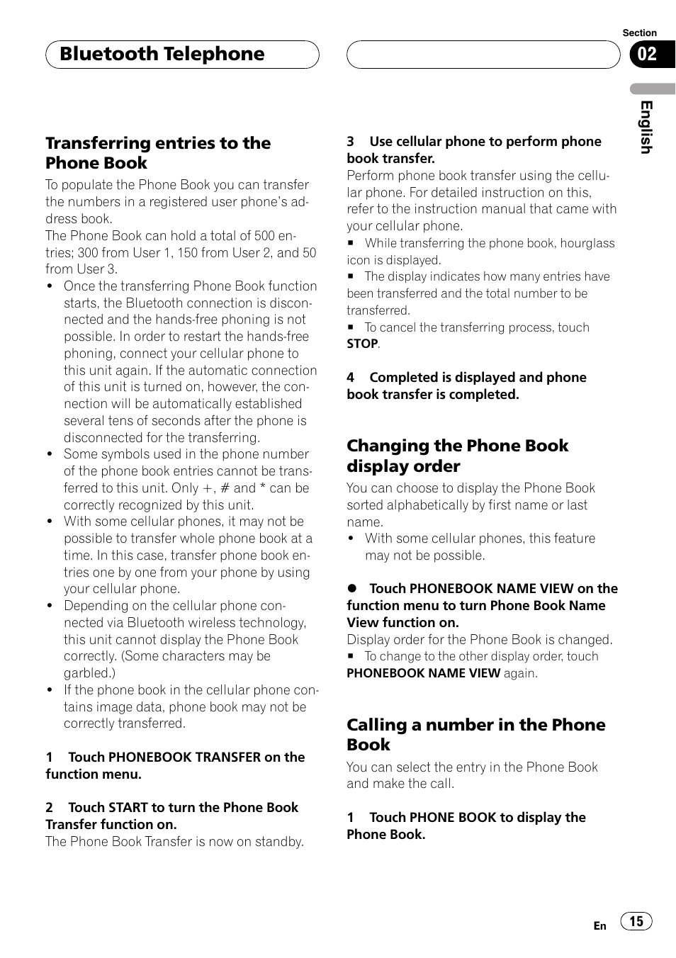 Transferring entries to the phone, Book, Changing the phone book display | Order, Calling a number in the phone, Bluetooth telephone, Transferring entries to the phone book, Changing the phone book display order, Calling a number in the phone book | Pioneer CD-BTB100 User Manual | Page 15 / 175