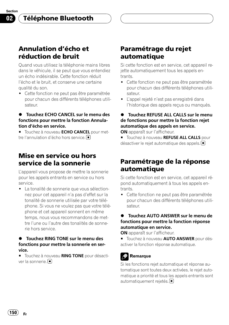 Annulation d, Écho et réduction de bruit 150, Mise en service ou hors service de la | Sonnerie, Paramétrage du rejet automatique, Paramétrage de la réponse, Automatique, Annulation d ’écho et réduction de bruit, Mise en service ou hors service de la sonnerie, Paramétrage de la réponse automatique | Pioneer CD-BTB100 User Manual | Page 150 / 175