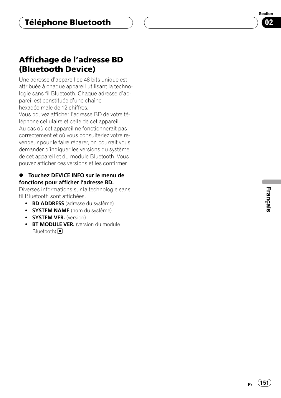 Affichage de l, Adresse bd (bluetooth, Device) | Affichage de l ’adresse bd (bluetooth device), Téléphone bluetooth | Pioneer CD-BTB100 User Manual | Page 151 / 175