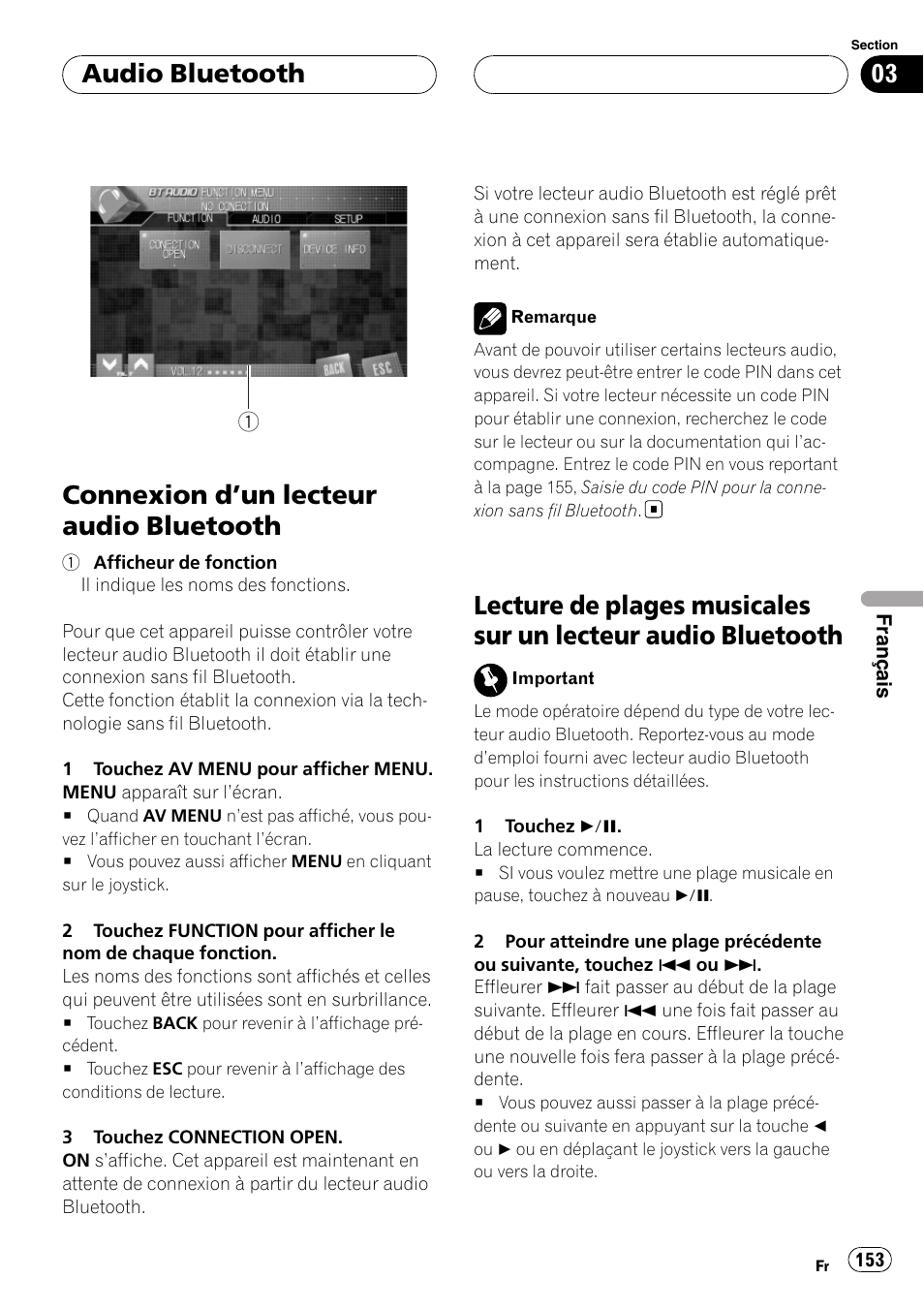 Connexion d, Un lecteur audio, Bluetooth | Lecture de plages musicales sur un lecteur, Audio bluetooth, Connexion d ’un lecteur audio bluetooth | Pioneer CD-BTB100 User Manual | Page 153 / 175