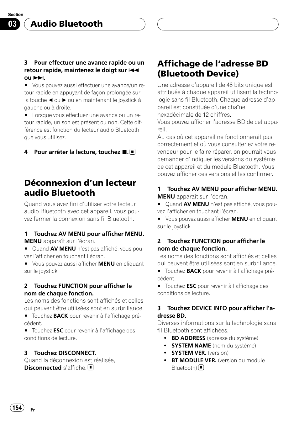 Déconnexion d, Un lecteur audio, Bluetooth | Affichage de l, Adresse bd (bluetooth, Device), Déconnexion d ’un lecteur audio bluetooth, Affichage de l ’adresse bd (bluetooth device), Audio bluetooth | Pioneer CD-BTB100 User Manual | Page 154 / 175