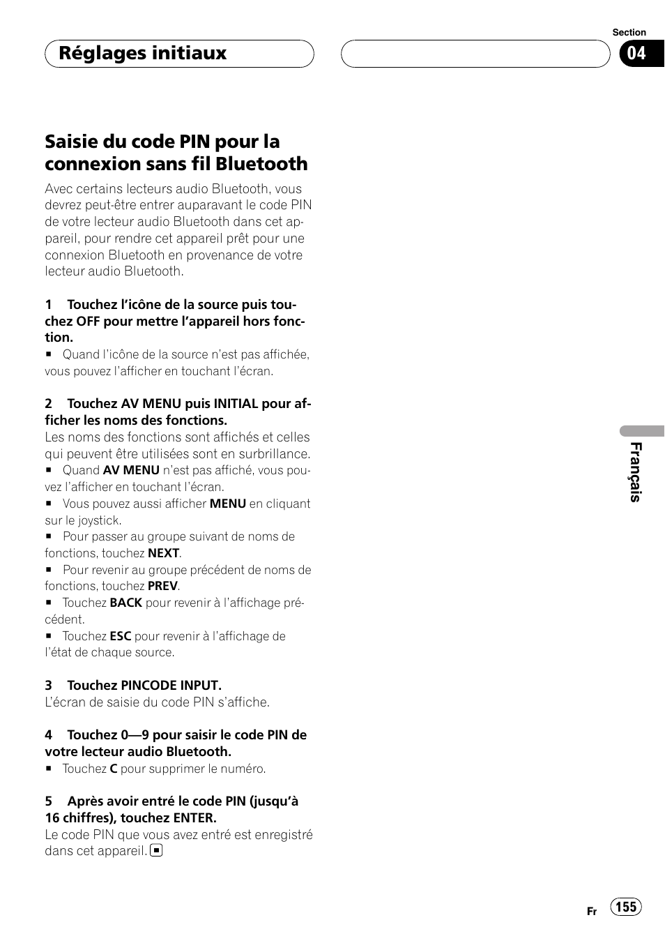 Bluetooth, Réglages initiaux | Pioneer CD-BTB100 User Manual | Page 155 / 175