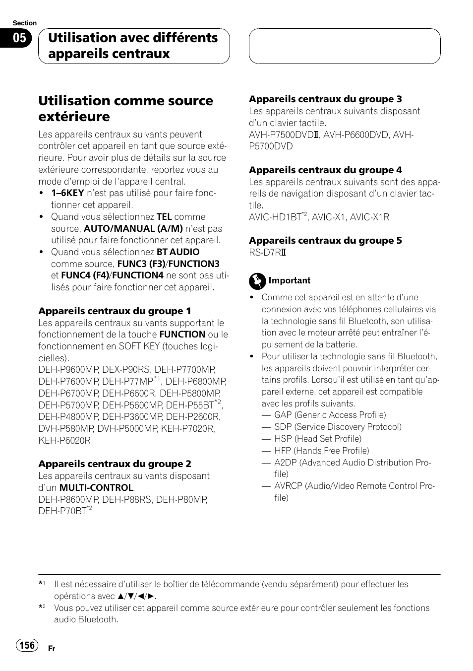 Utilisation comme source extérieure, Utilisation avec différents appareils centraux | Pioneer CD-BTB100 User Manual | Page 156 / 175